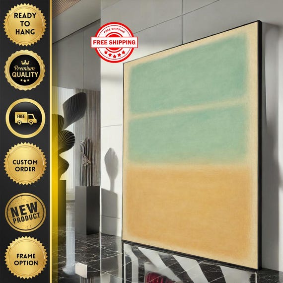 Mark Rothko Inspired Green And Beige Canvas Bold Color Field Painting For Modern Living Room Decor Ready To Hang