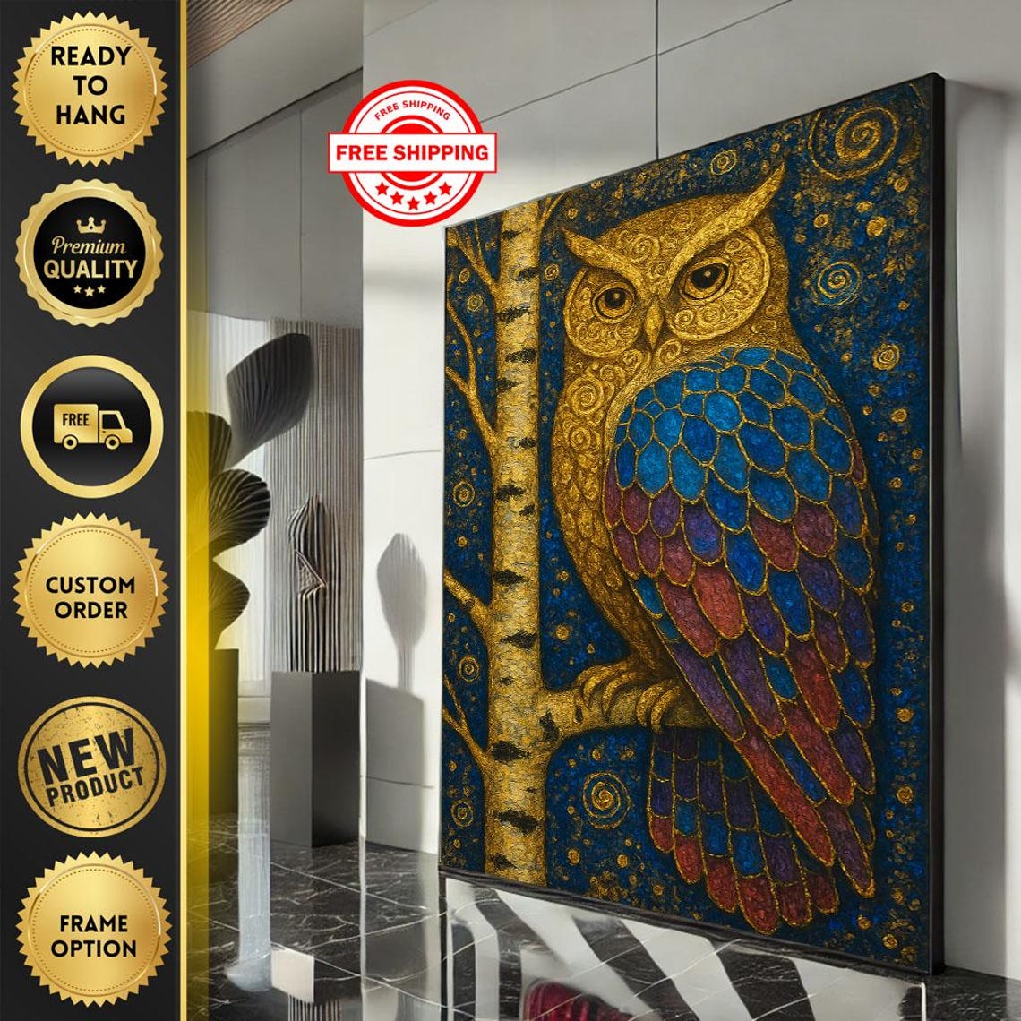 Golden Mosaic Owl Starry Night Bird Art Vibrant Blue Feather Poster