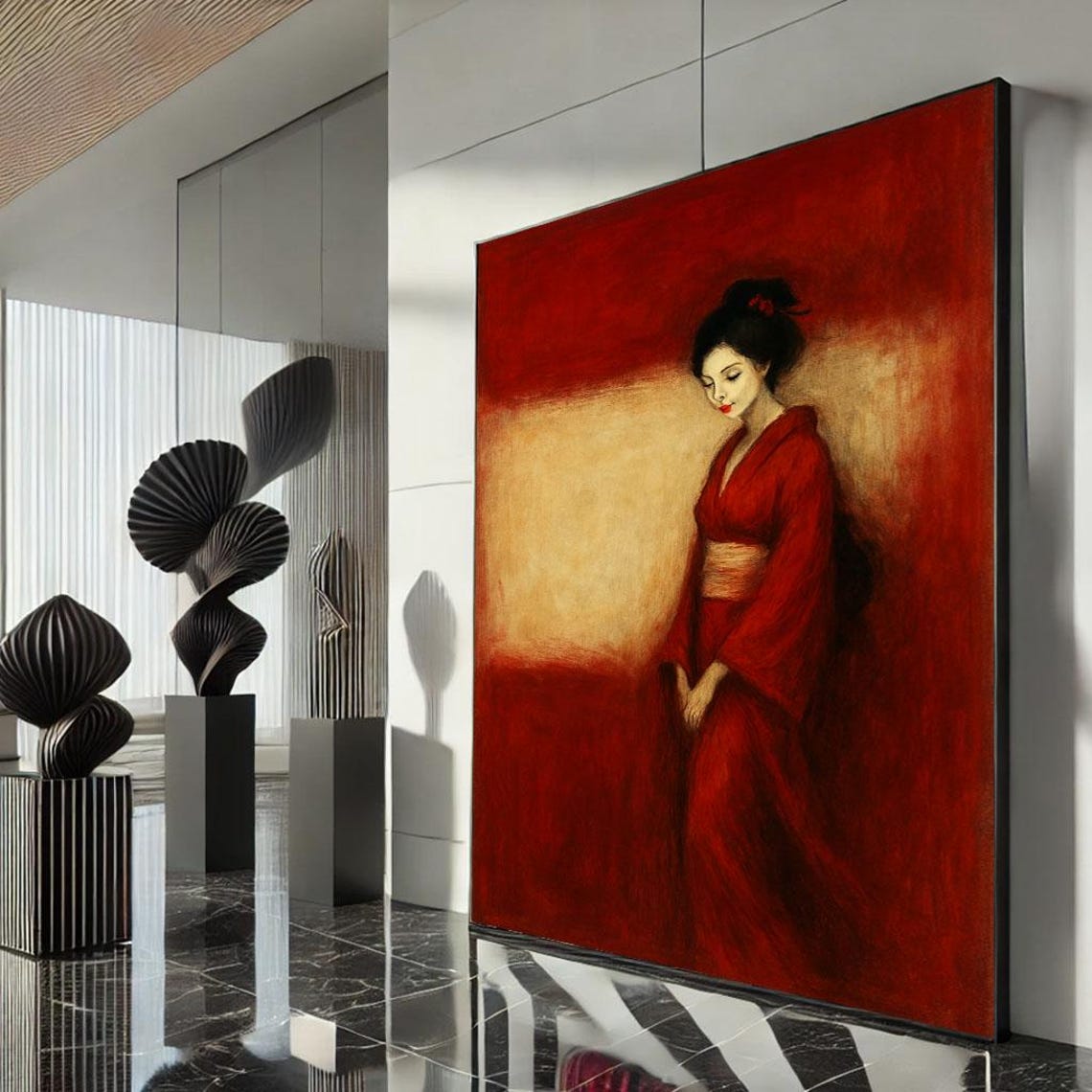 Geisha Red Kimono Abstract Red Gold Color Field Modern Poster