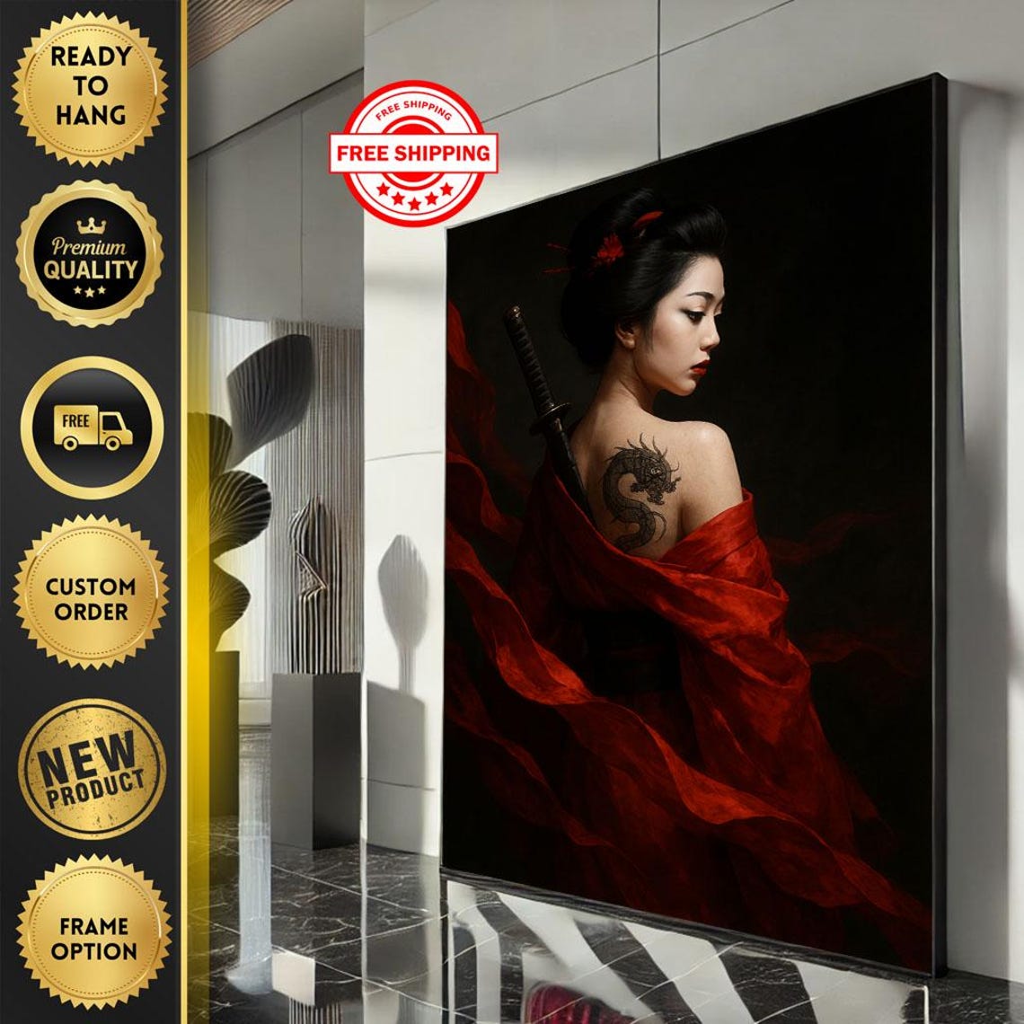 Fierce Red Geisha with Katana and Dragon Tattoo Dark Art Poster