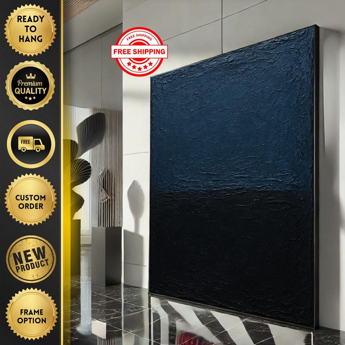 Rothko-Inspired Midnight Blue and Black Textured Color Field Poster