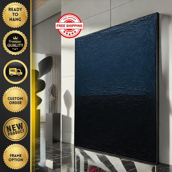 Mark Rothko Inspired Black And Navy Canvas Bold Color Field Painting Reproduction For Modern Living Room Decor Ready To Hang