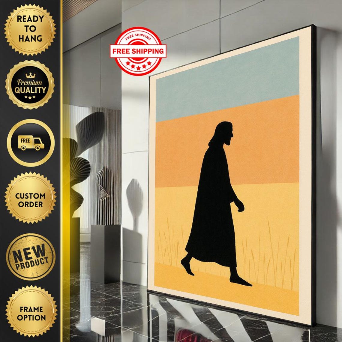 Robed Figure Walking Desert Landscape Minimalist Silhouette Print