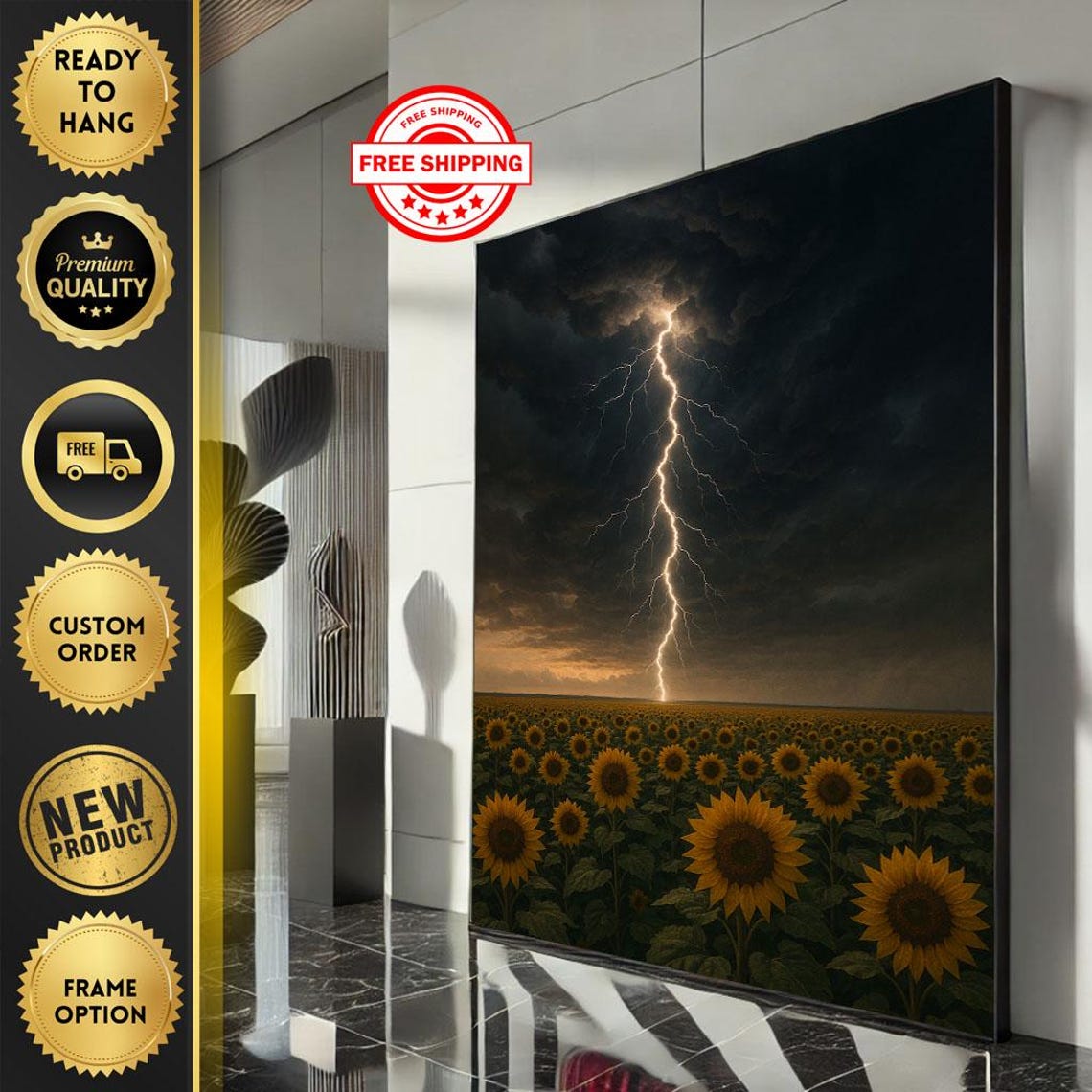 Sunflower Field Lightning Storm Dramatic Sky Photography Poster