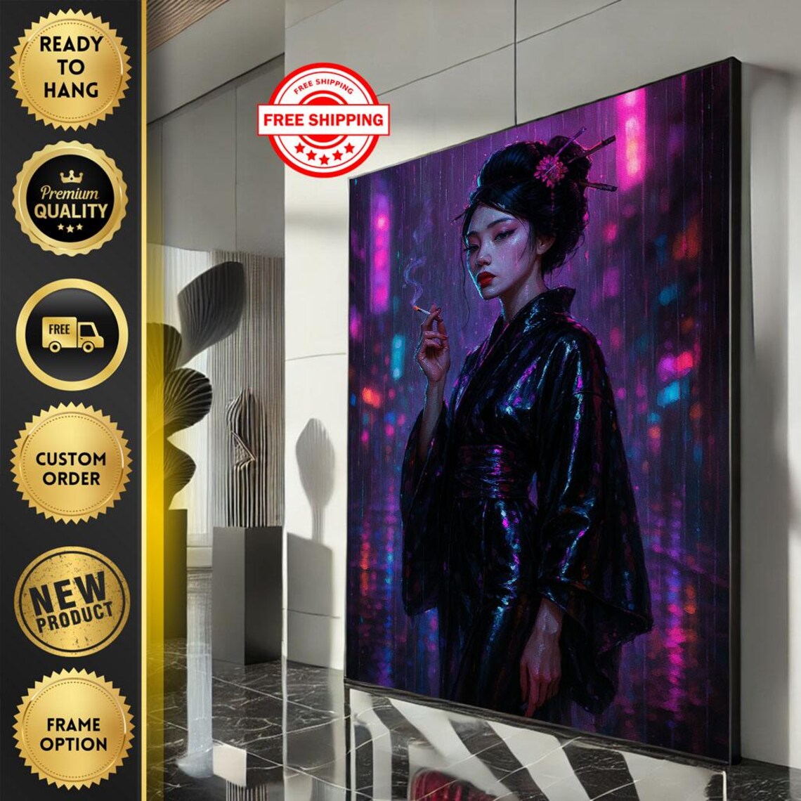 Neon Rain Cyberpunk Geisha Woman Night City Cinematic Art Poster