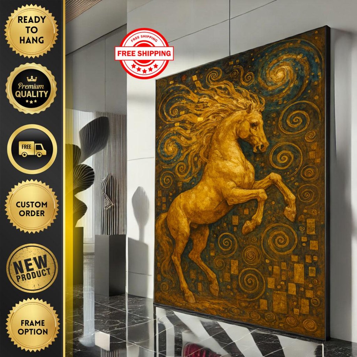 Klimt Style Golden Rearing Horse Ornate Swirling Majestic Poster