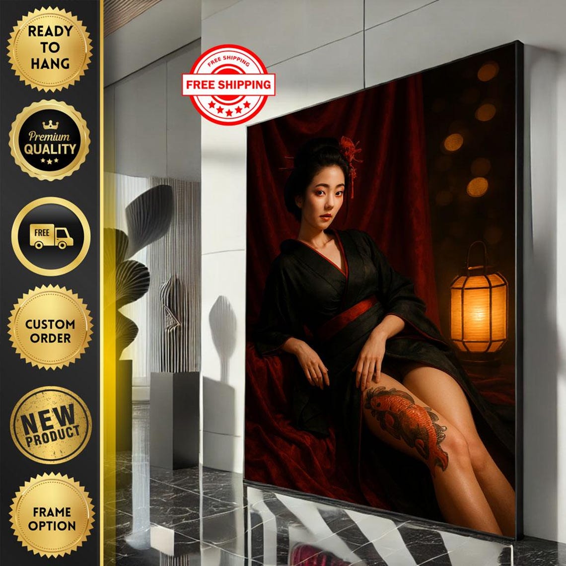 Geisha in Black Kimono with Koi Tattoo and Paper Lantern Poster