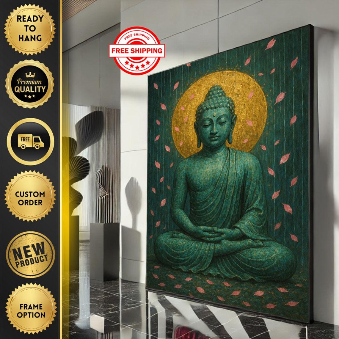 Green Buddha Meditating With Golden Halo Peaceful Zen Art Poster