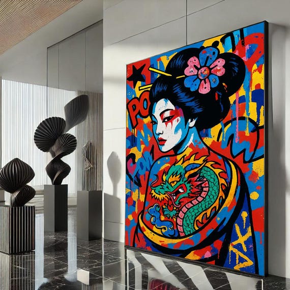 Bold Geisha Street Art Canvas Wall Print Vibrant Living Room Decor Statement Piece