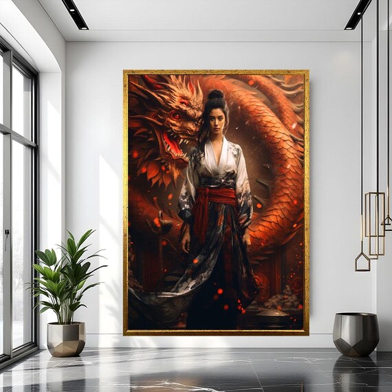 Fierce Woman With Dragon Canvas Wall Art Print Oriental Modern Living Room Decor Statement Piece