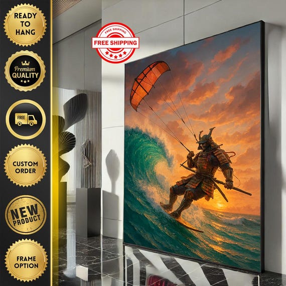 Dynamic Samurai Kitesurfing Canvas Wall Art Print Vibrant Sunset Living Room Decor Ready To Hang Modern Statement Piece