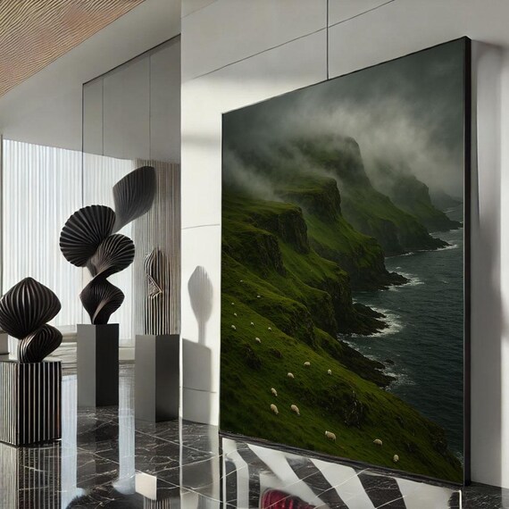 Misty Green Sea Cliffs with Sheep on a Foggy Coastline Poster