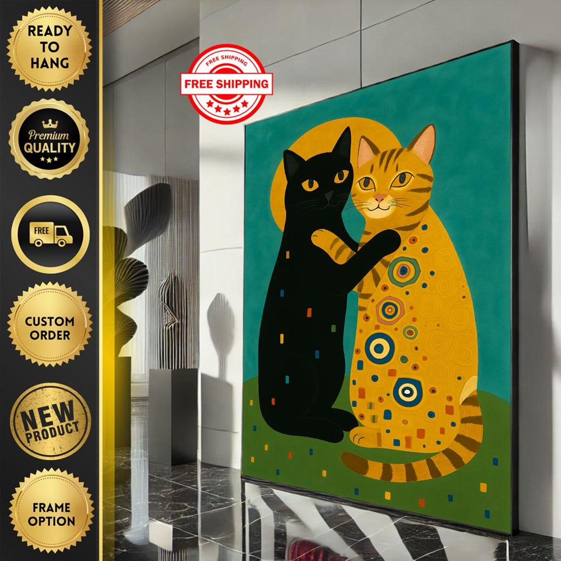 Charming Cat Couple Hugging Abstract Gold Black Feline Love Poster