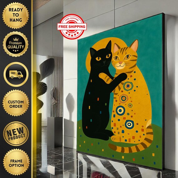 Charming Cat Couple Hugging Abstract Gold Black Feline Love Poster
