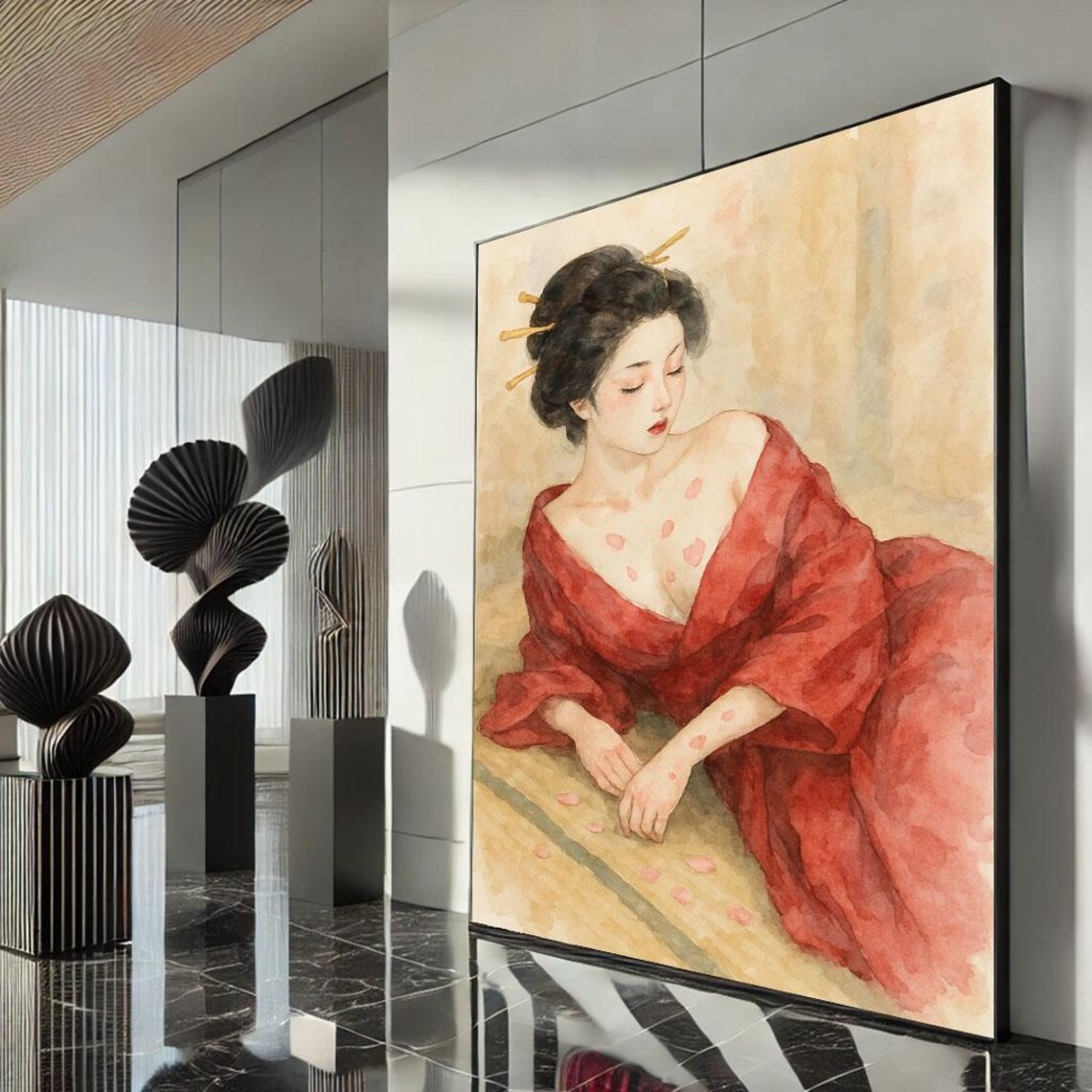 Soft Watercolor Geisha Red Kimono Cherry Blossom Petals Poster