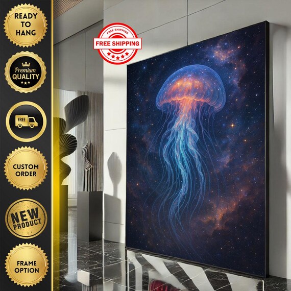 Ethereal Jellyfish Canvas Wall Art Print Blue And Orange Living Room Decor Ready To Hang Modern Statement Piece
