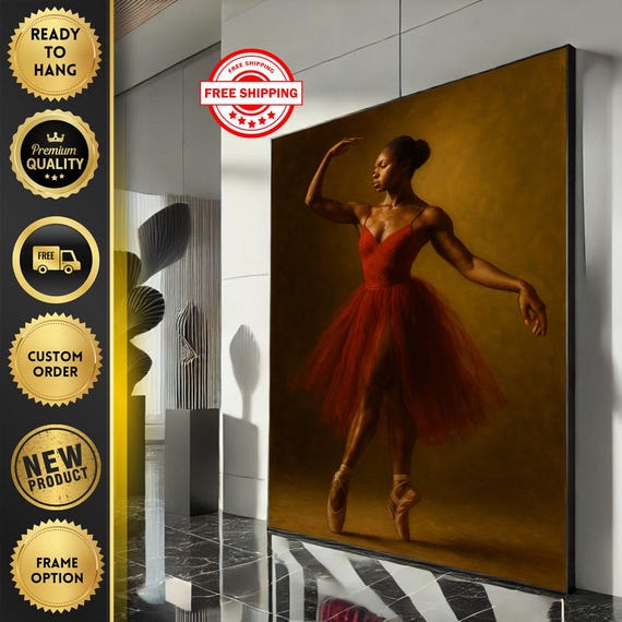 Elegant Ballerina In Red Dress Canvas Wall Art Print Modern Living Room Decor Ready To Hang