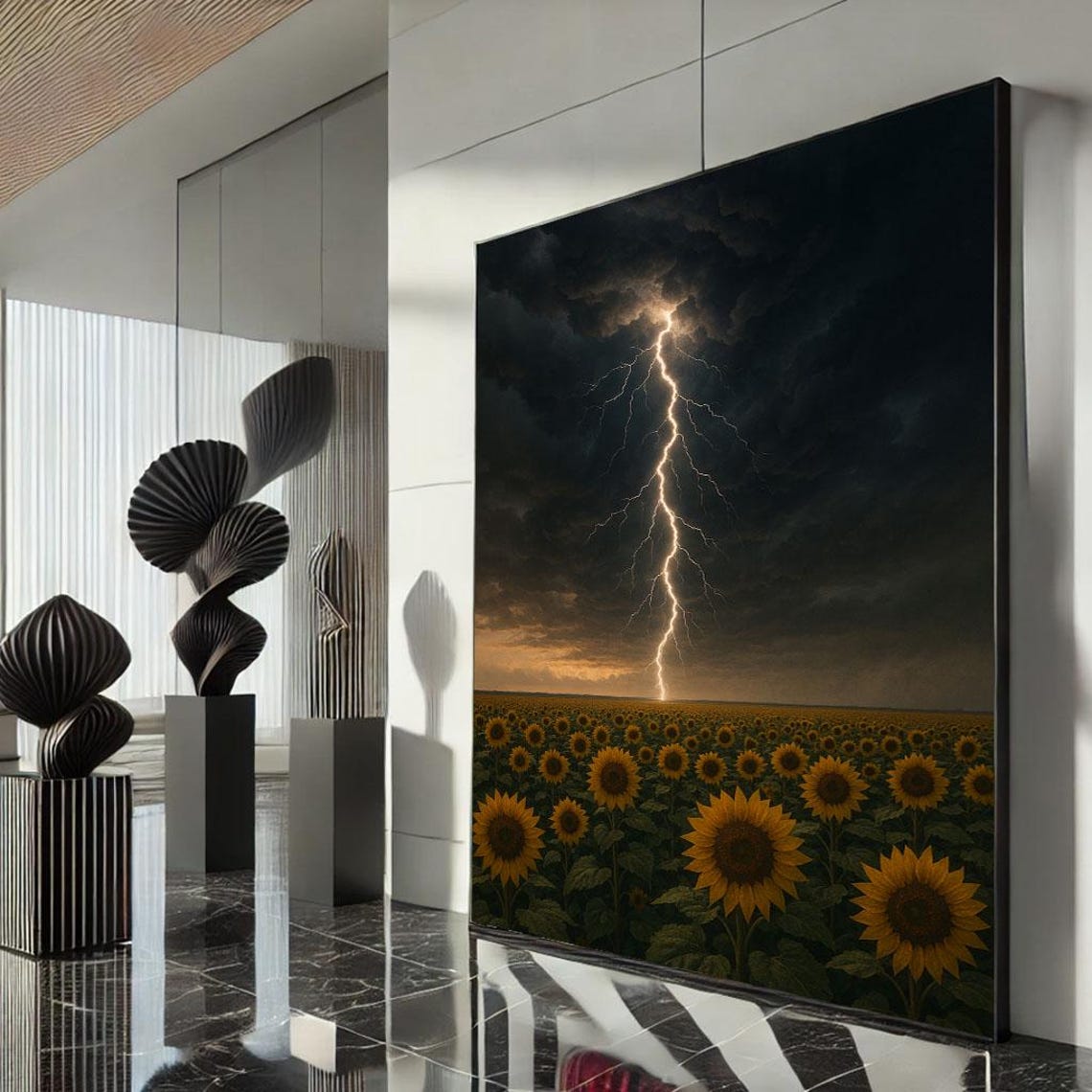 Lightning Bolt Over a Golden Sunflower Field at Dusk Sky Poster
