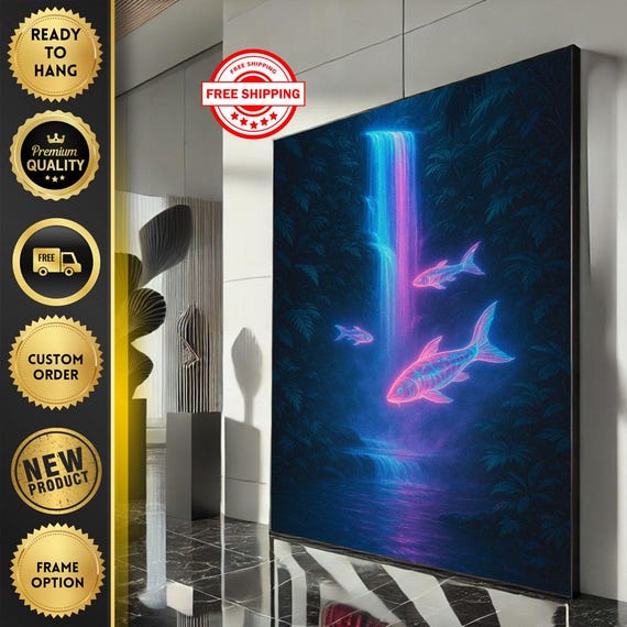 Neon Waterfall Canvas Wall Art Print Modern Abstract Living Room Decor Statement Piece
