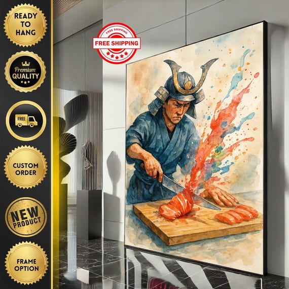 Samurai Chef Canvas Wall Art Print Bold Watercolor Style For Kitchen Or Dining Room Decor Ready To Hang Statement Piece