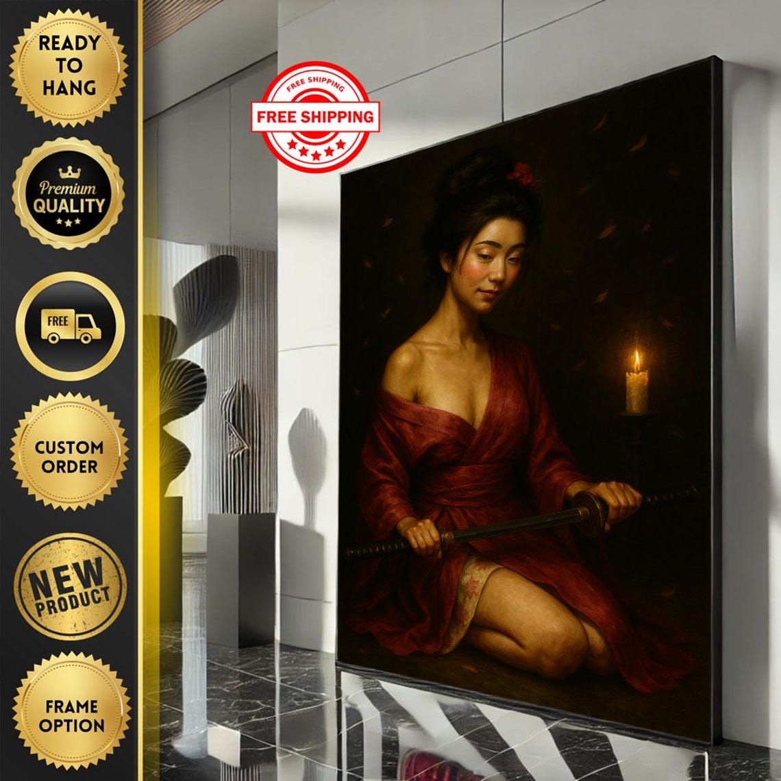 Serene Japanese Woman Red Kimono Sword Candlelight Art Poster
