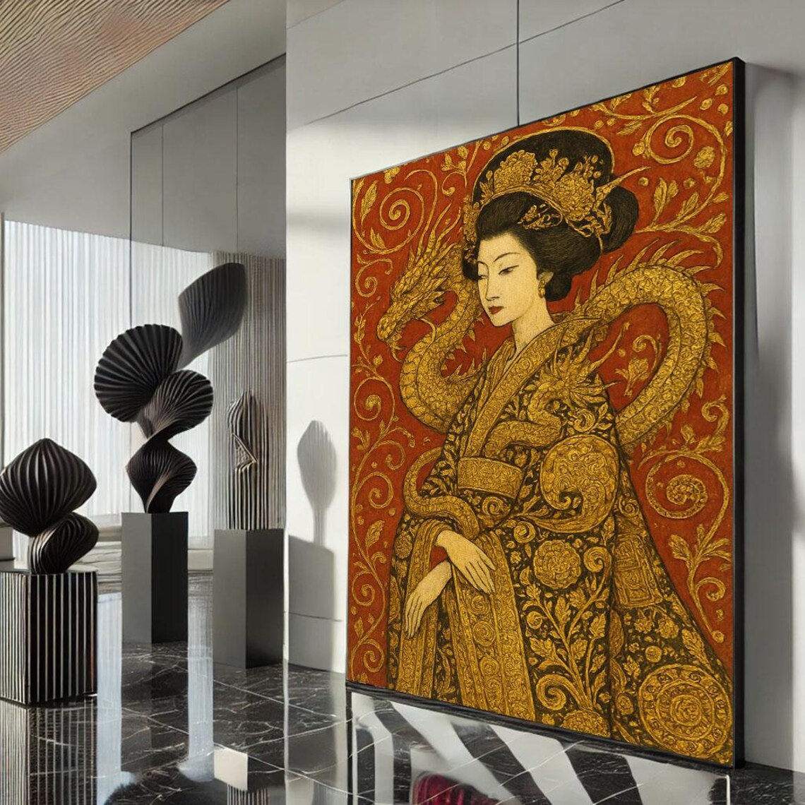 Golden Dragon Geisha Red Kimono Mystical Japanese Art Poster