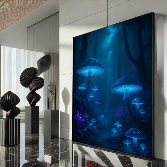 Mystical Blue Forest Mushrooms Canvas Wall Art Print Enchanting Living Room Decor Ready To Hang