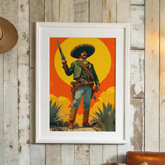 Revolutionary Cowboy Sombrero Rifle Bold Sunset Western Print