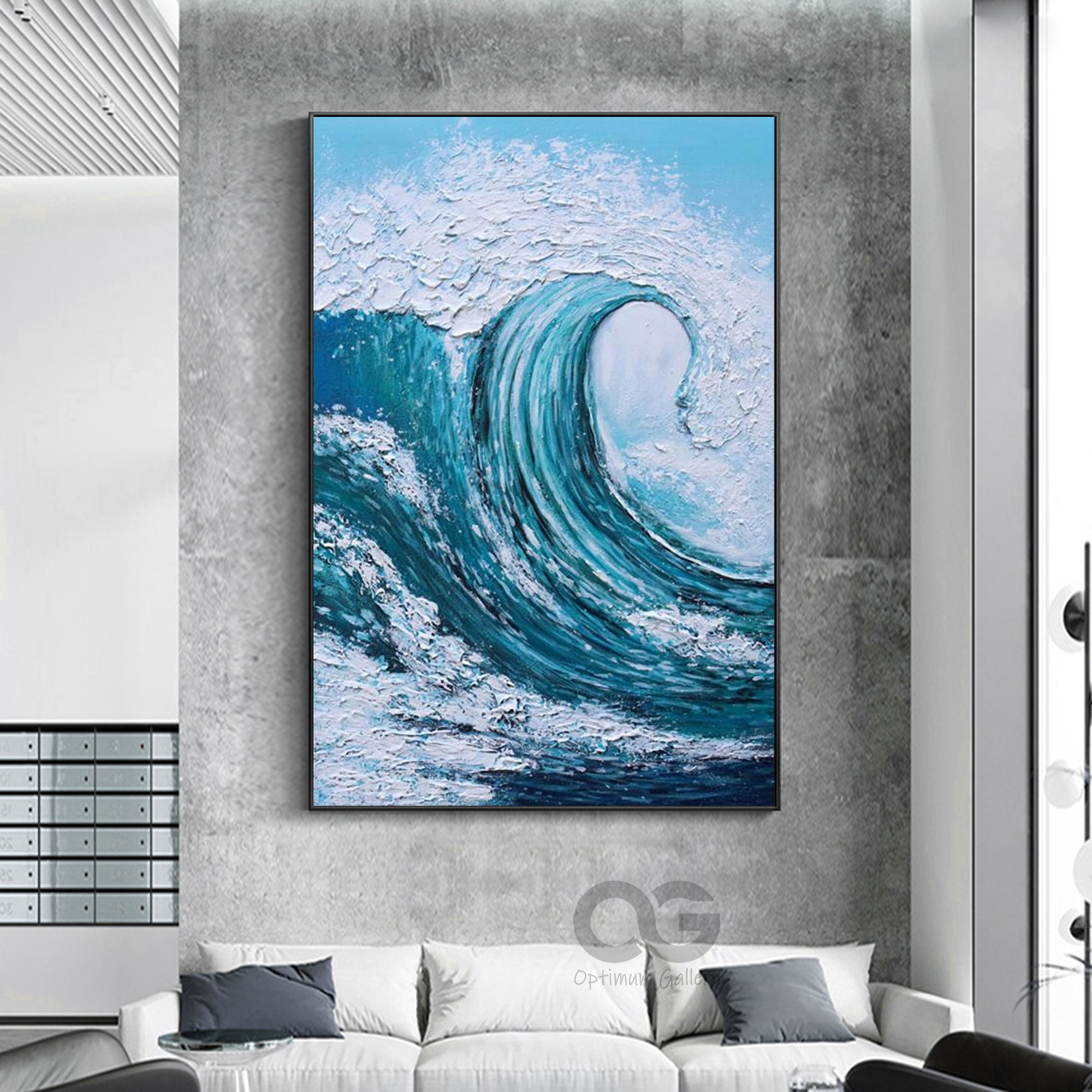 Dramatic Turquoise Ocean Wave Painting Curling Foam Impasto Vertical Wall Art Poster - Image 5