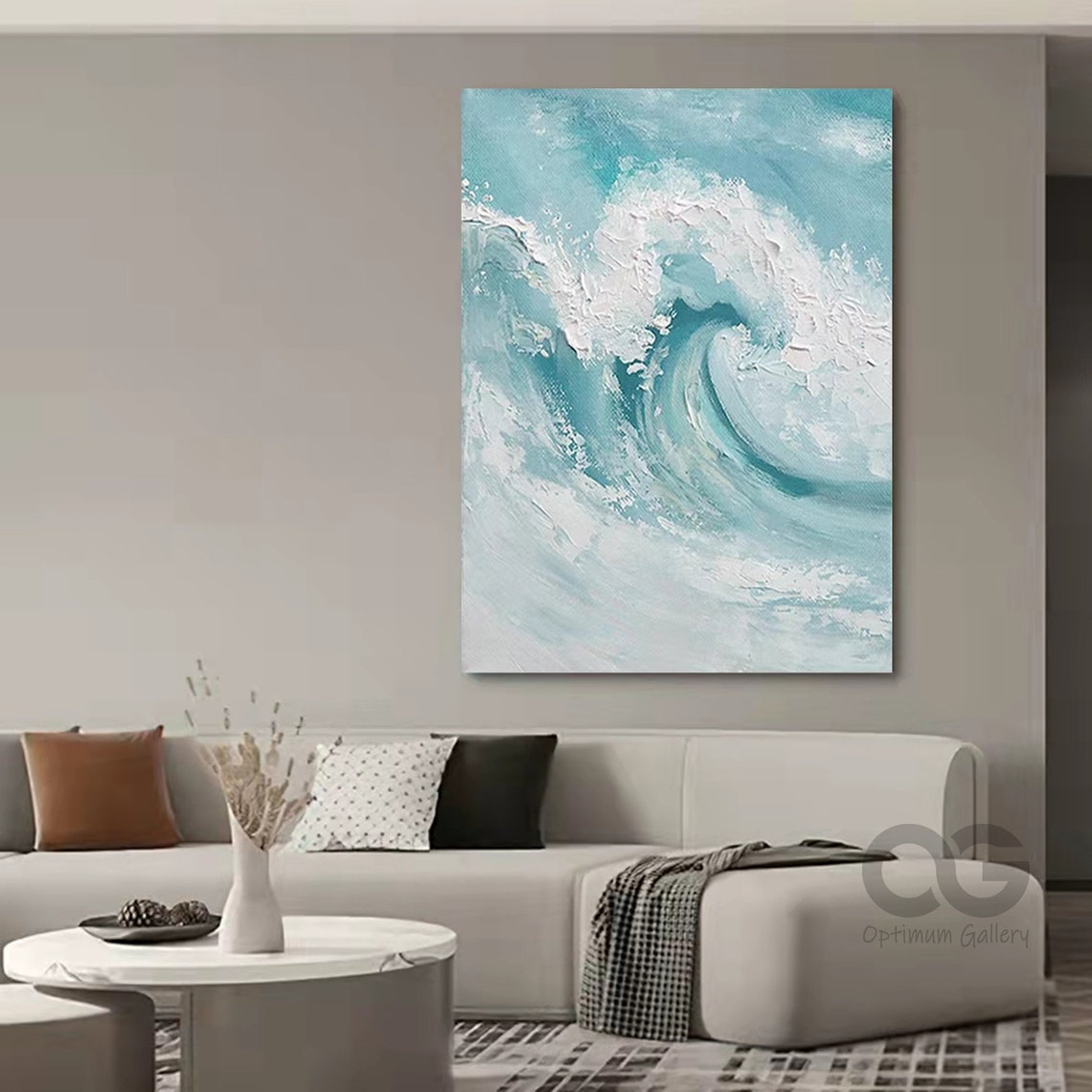 Turquoise Big Ocean Wave Curl White Foam Gold Framed Painting Wall Art - Image 2