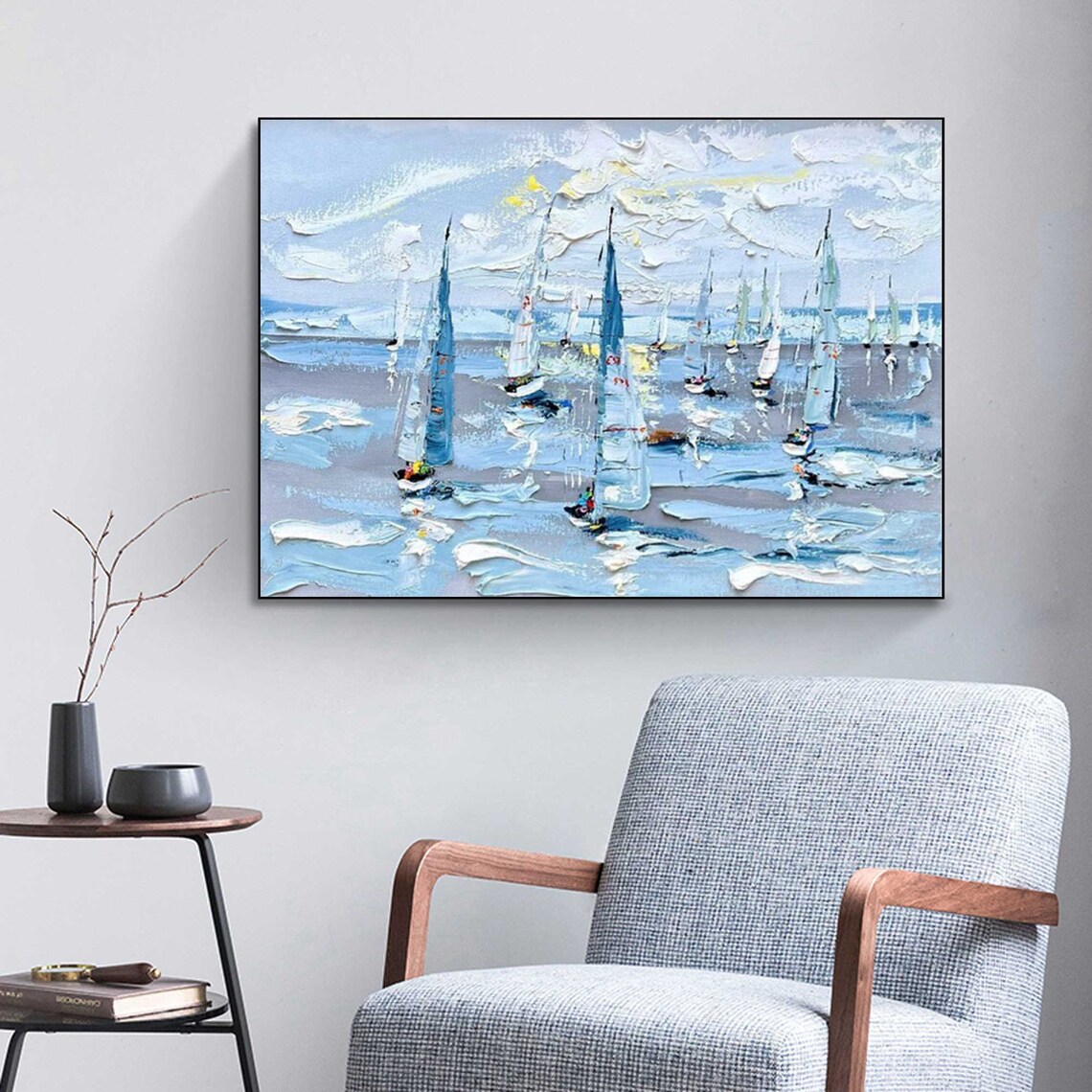 Blue Sailboat Regatta Impasto Textured Sailing Boat Ocean Wall Art Poster - Image 4