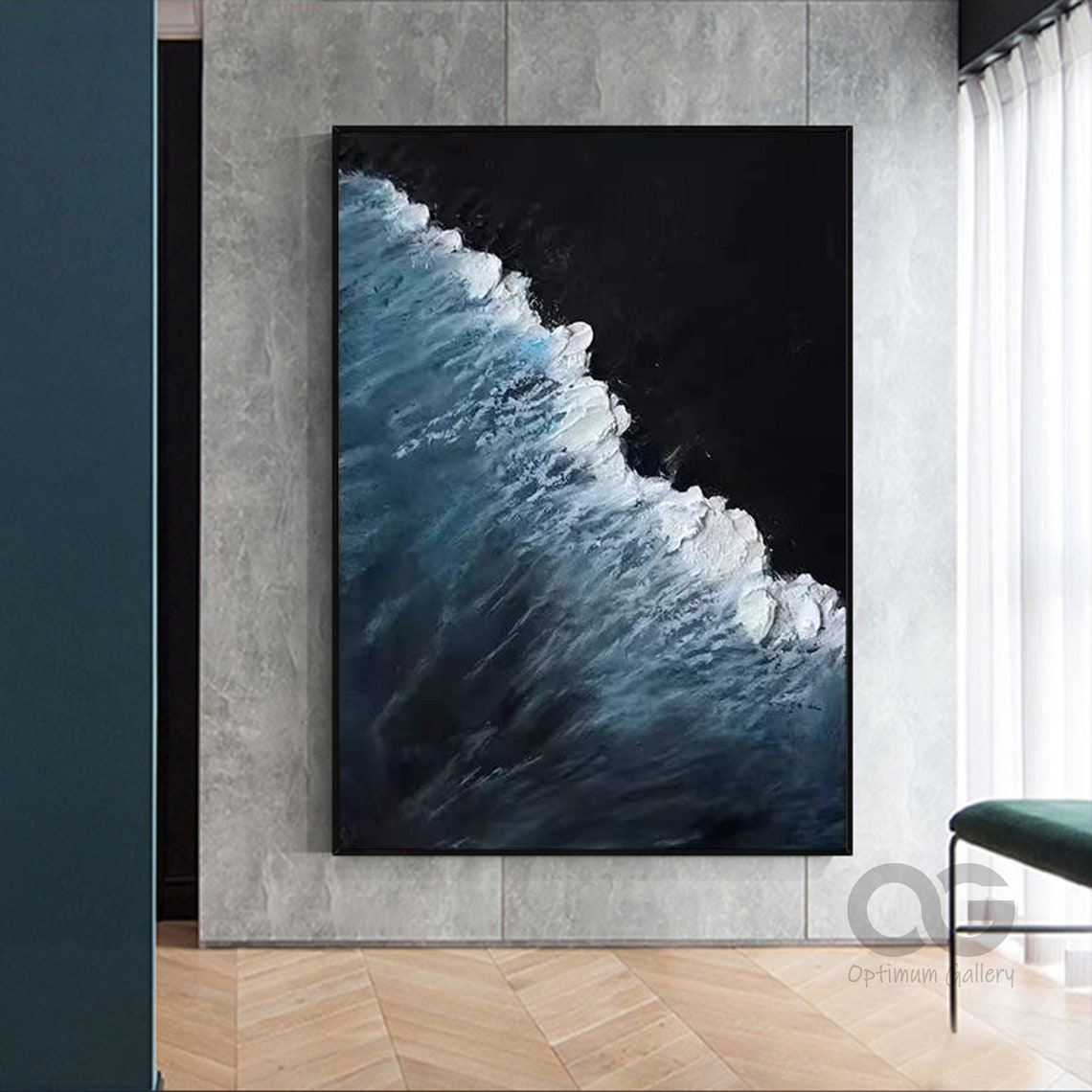Dark Blue Aerial Wave White Foam Diagonal Black Beach Art Poster - Image 4