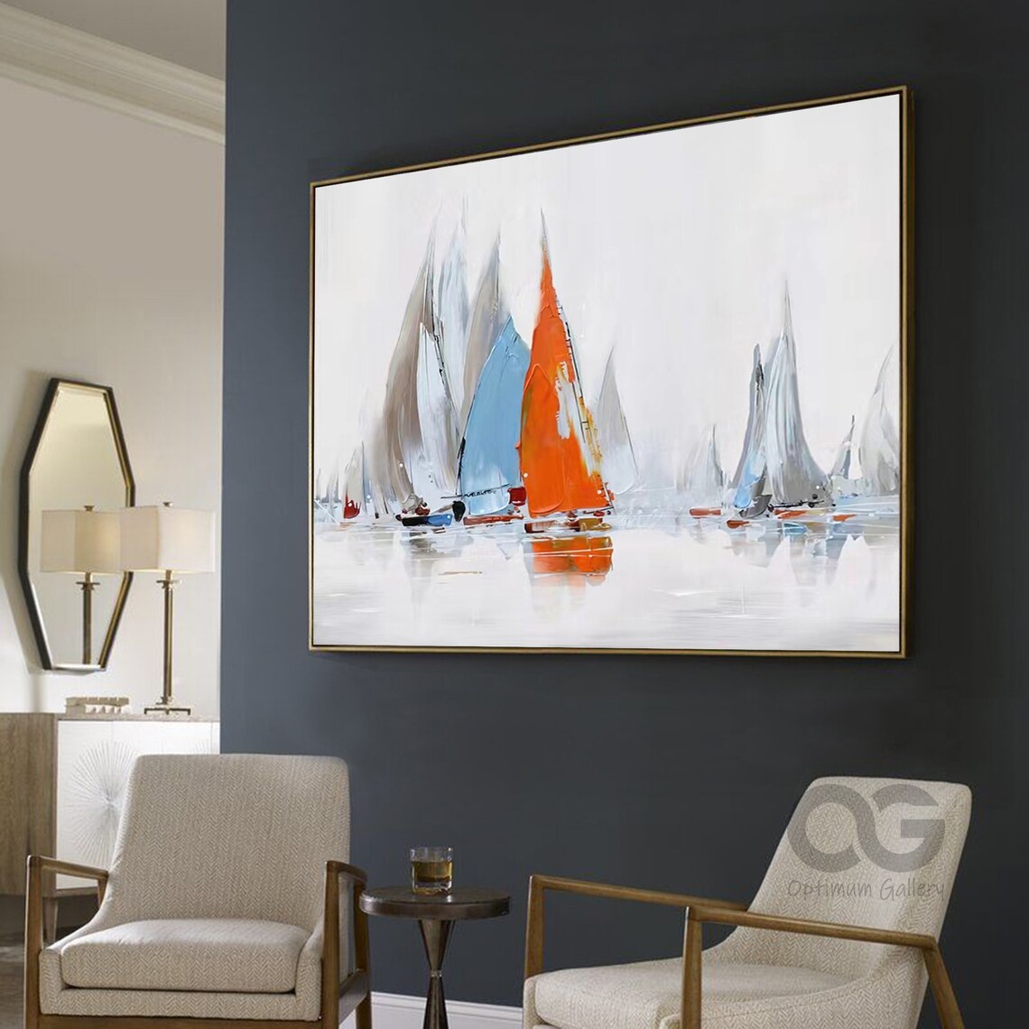 Abstract Sailboat Painting Orange Sail Grey White Sails Calm Water Wall Art Poster - Image 4