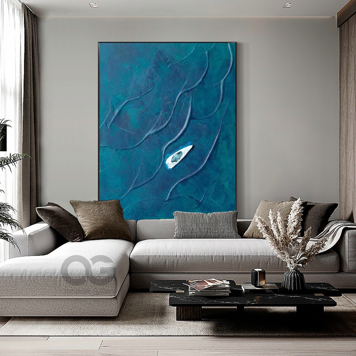 Turquoise Aerial Ocean White Canoe Abstract Minimalist Painting Wall Art - Image 3