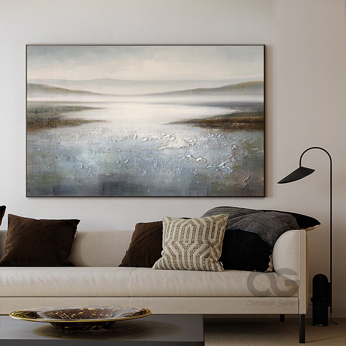 Misty Abstract Lake Seascape Distant Hills Textured Modern Painting Wall Art - Image 2