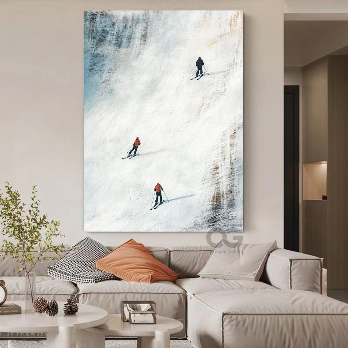 Three Skiers Blue Grey Textured Mountain Slope Winter Sport Art Poster - Image 4