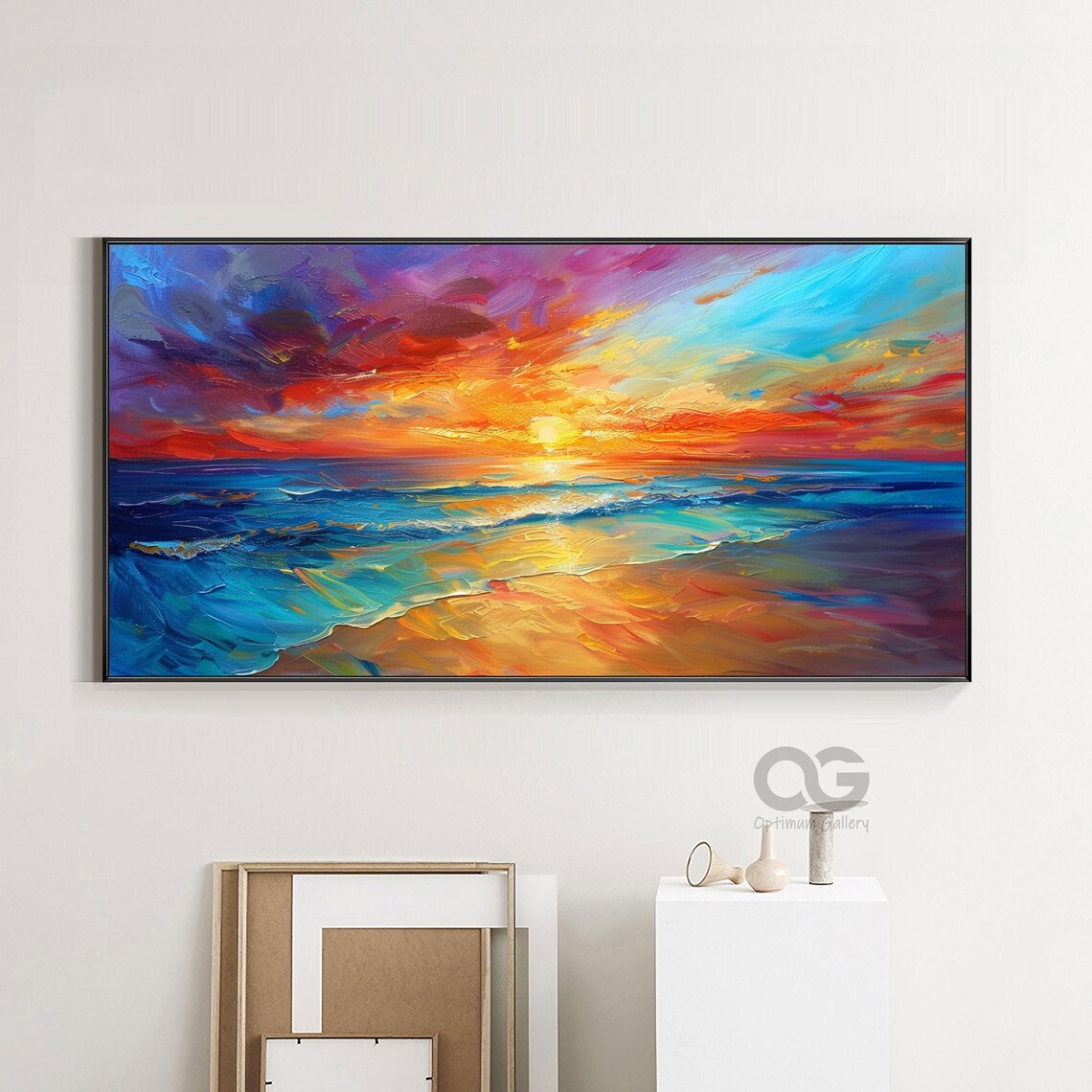 Vibrant Ocean Sunset Palette Knife Colorful Beach Waves Painting Poster - Image 2