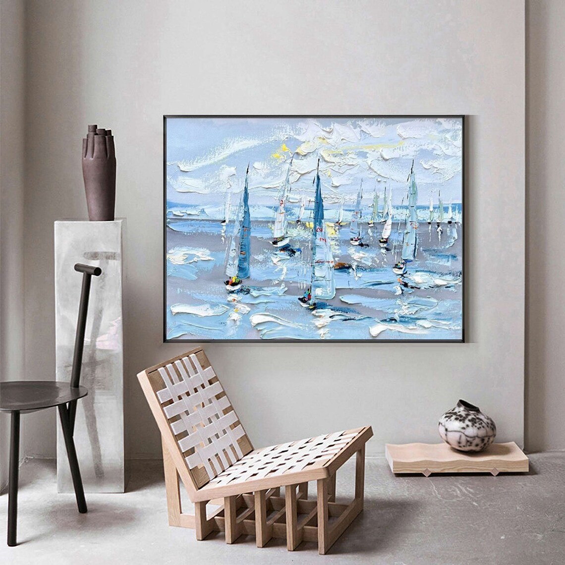 Blue Sailboat Regatta Impasto Textured Sailing Boat Ocean Wall Art Poster - Image 2