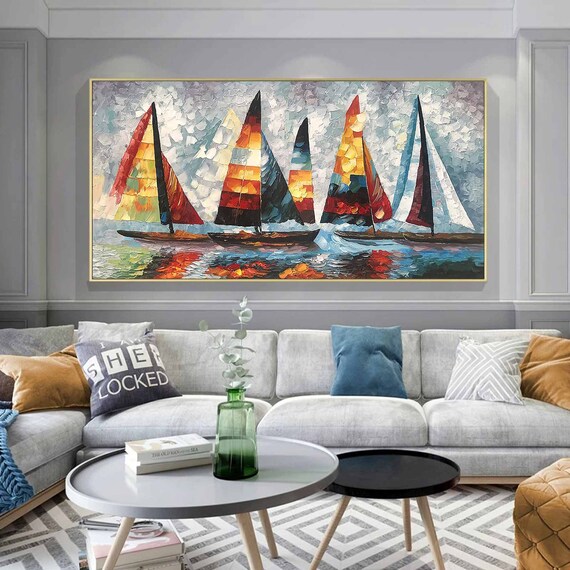 Colorful Sailboat Regatta Painting Red Orange Sails Blue Water Wall Art Poster
