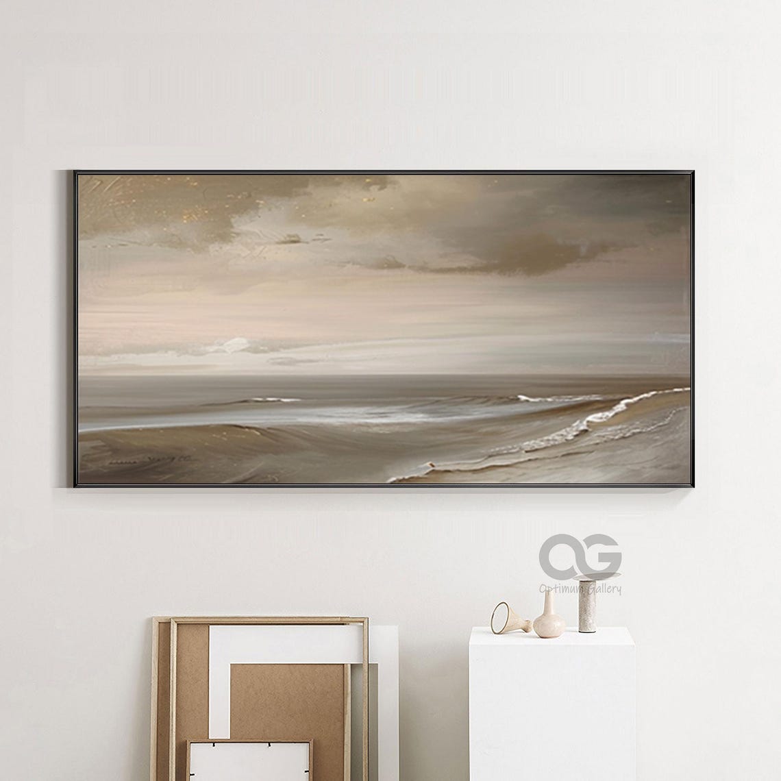 Moody Grey Seascape Cloudy Sky Sandy Shore Calm Coastal Scene Poster - Image 2