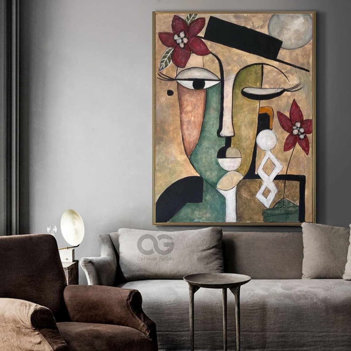 Abstract Face Black Hat Red Flowers Beige Green Split Portrait Art Poster - Image 5