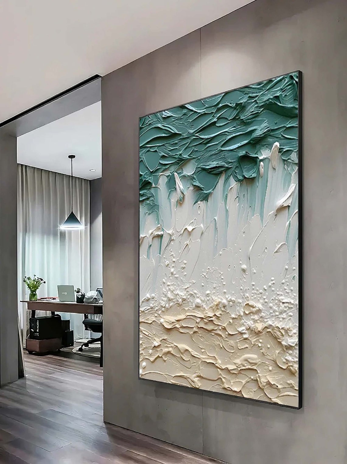 Teal White Sand 3D Textured Beach Vertical Ocean Wave Painting Poster - Image 2