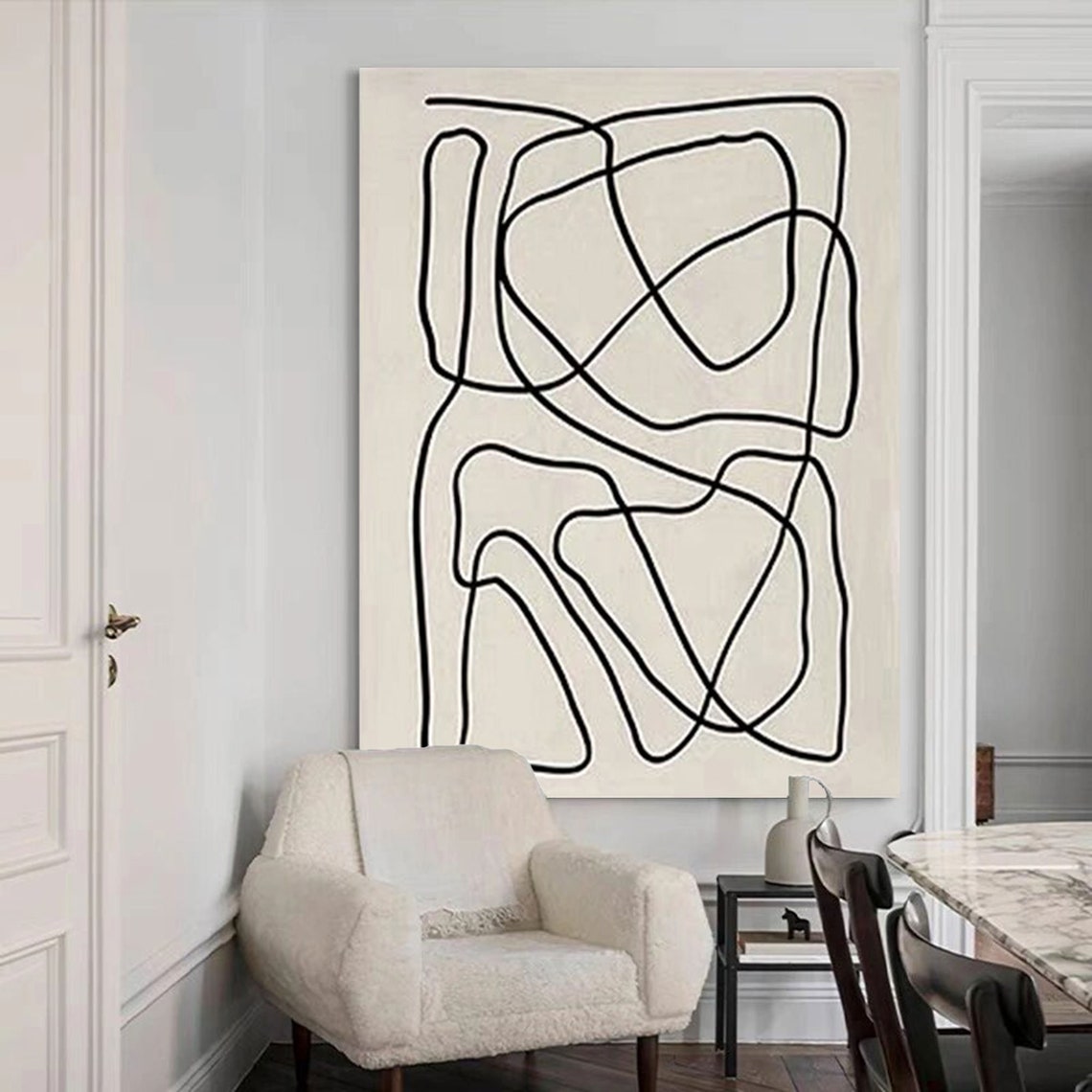 Black Continuous Line Abstract Cream Minimalist Scribble Art Poster - Image 5