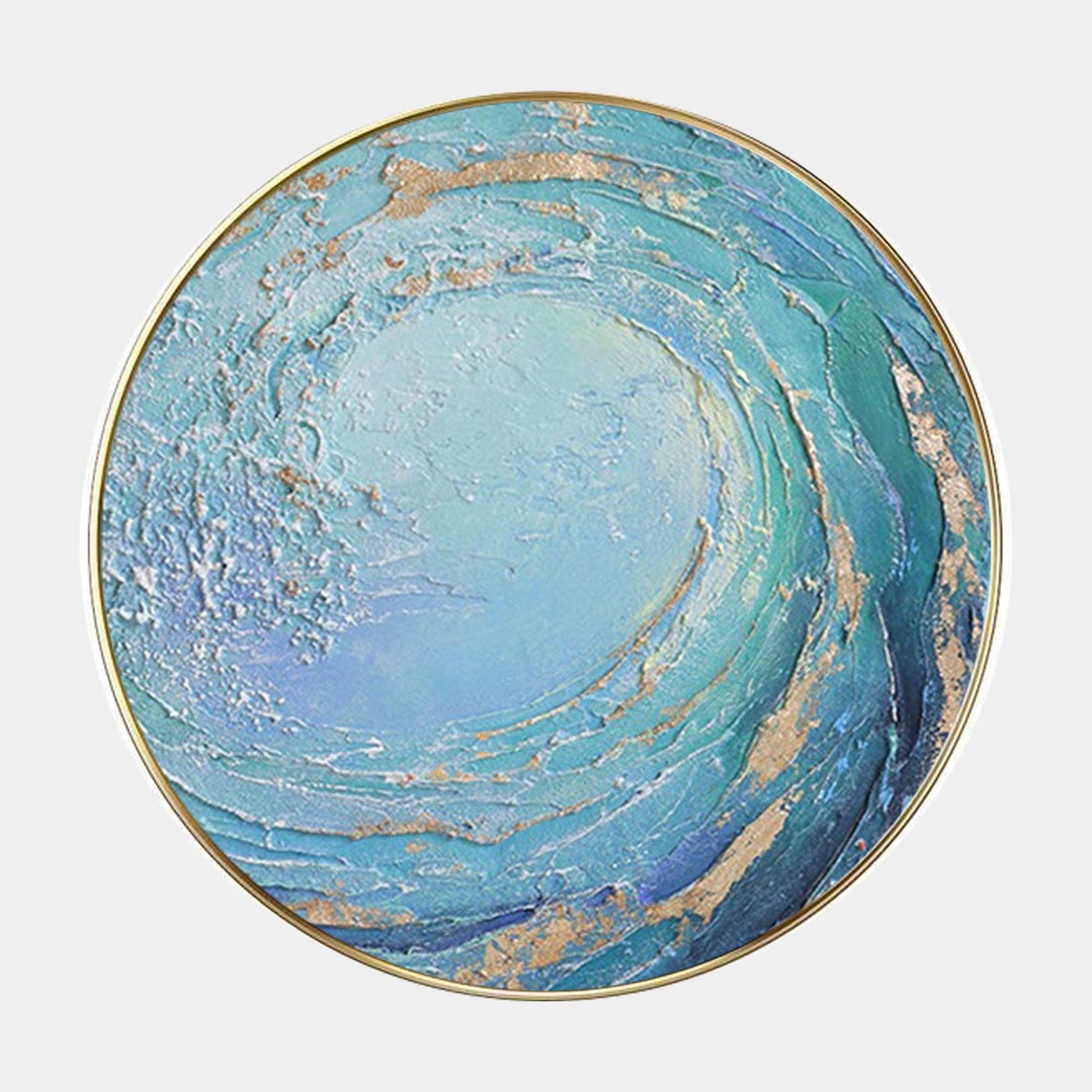 Round Turquoise Wave Vortex Gold Leaf Swirl Ocean Wall Art Poster - Image 2