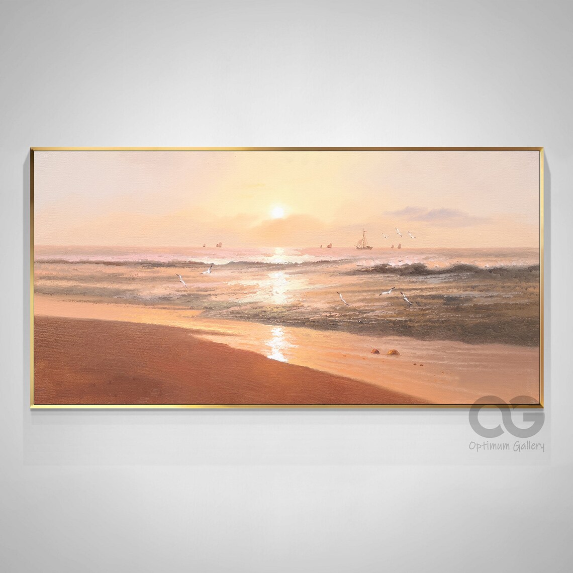 Sunset Beach Painting Golden Sun Seagulls Ships Panoramic Ocean Wall Art Poster - Image 3