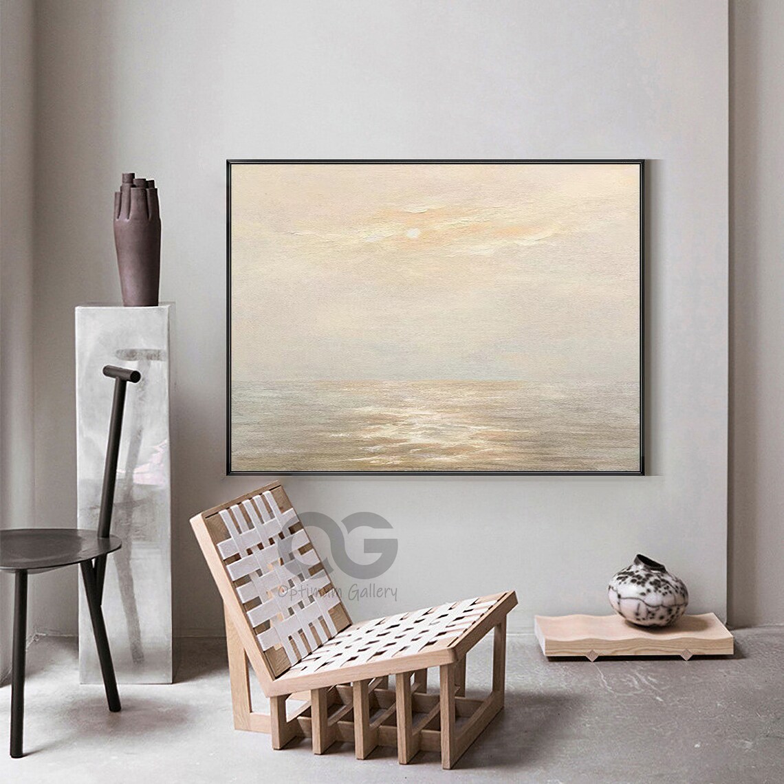 Soft Misty Sunrise Calm Sea Minimal Beige Abstract Ocean Painting Poster - Image 5