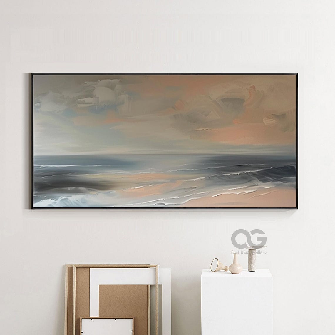 Blush Pink Ocean Sunset Waves Panoramic Impressionist Seascape Poster - Image 2