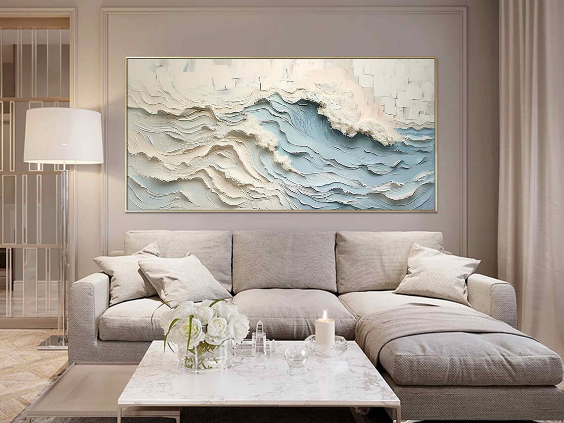 White Blue Textured Ocean Waves Abstract Painting Gold Framed Modern Wall Art - Image 2