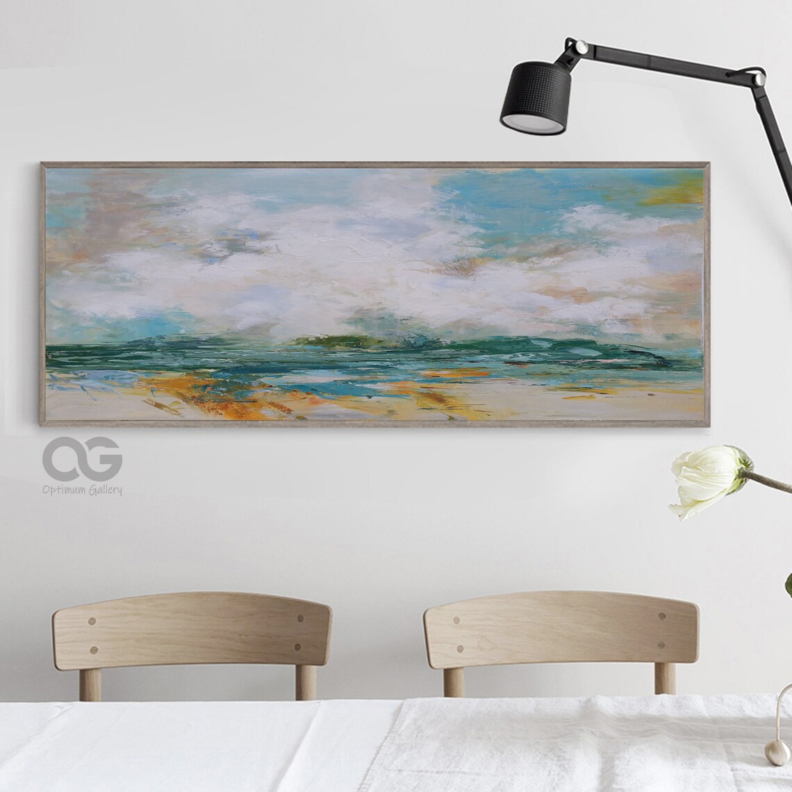 Teal Sea Abstract Painting White Clouds Golden Shore Textured Beach Wall Art - Image 4
