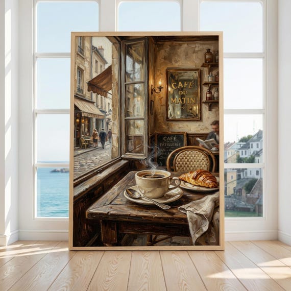 Vintage Parisian Cafe Art French Morning Coffee Croissant Oil Painting Printdigital Download